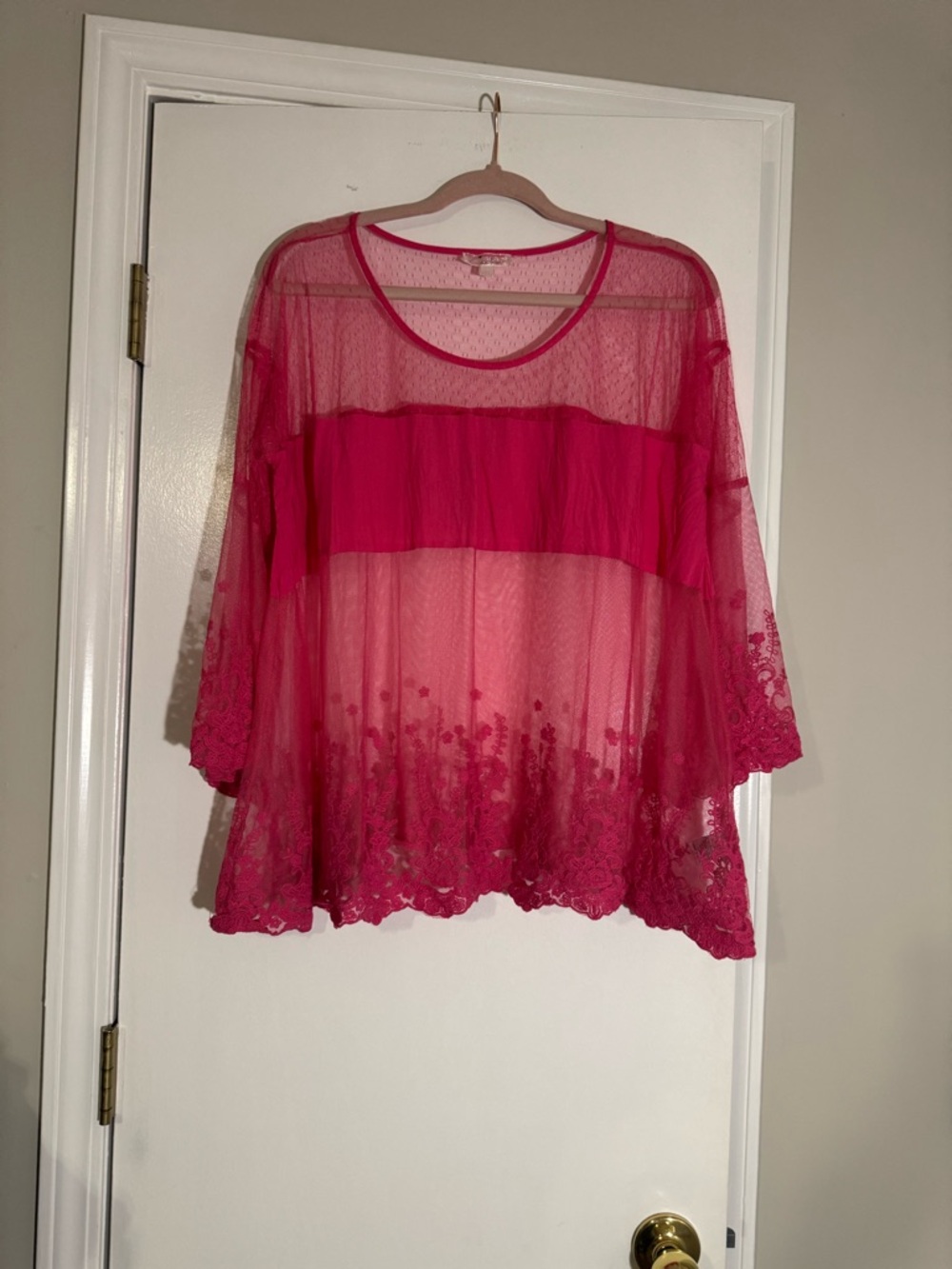 Sheer Hot Pink Lace Overlay Top bell sleeve fairycore whimsical material  busum